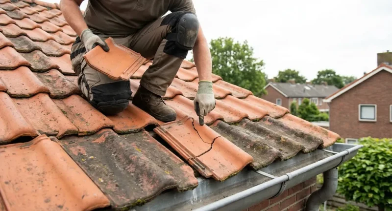 Dakdekker onderzoekt gebarsten terracotta dakpan op dak met handschoenen en kniebeschermers aan.