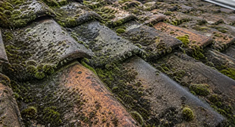 Dakpannen bedekt met groen mos en algen die vocht vasthouden en schade veroorzaken.