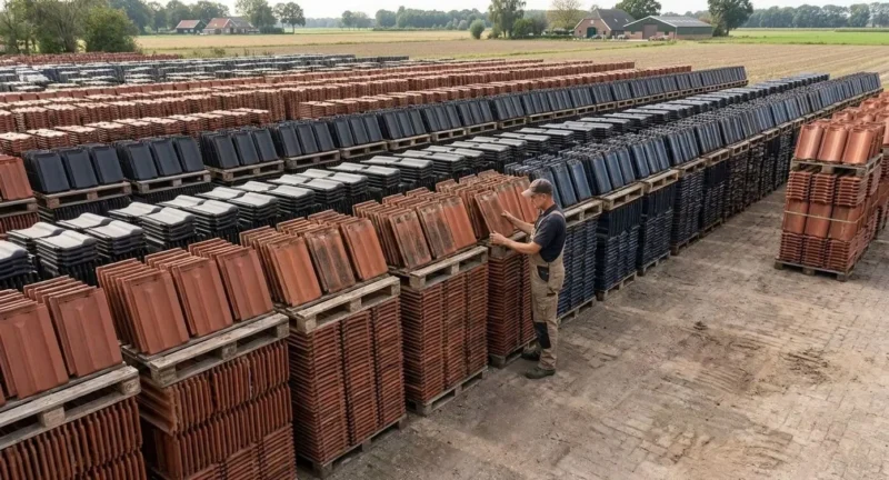 Pallets met klassieke keramische mulden dakpannen in verschillende kleuren buiten opgeslagen op een werkterrein.