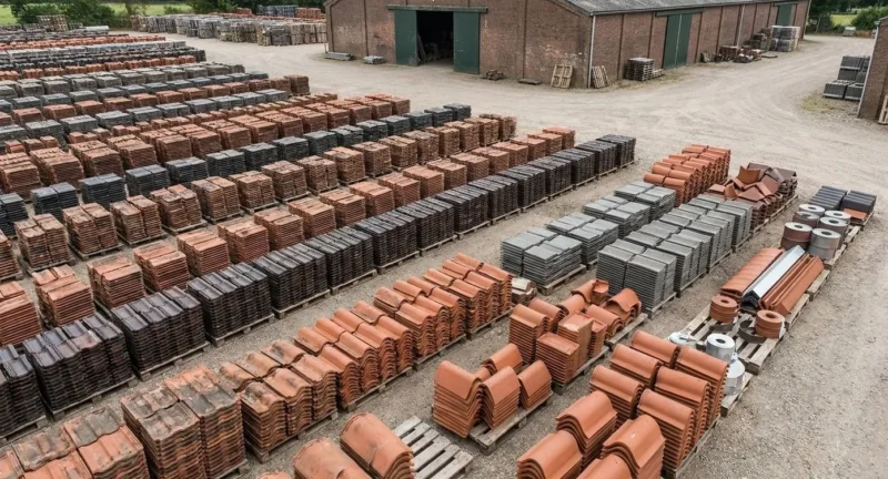 Dakmateriaalwerf met gestapelde pallets rode en grijze dakpannen en gespecialiseerde dakonderdelen zoals nokstukken en