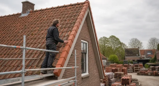 Dakdekker bevestigt een gevelpan aan de zijkant van een hellend dak bij de kopgevel van een bakstenen huis.