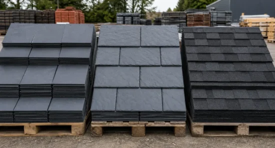 Drie gestapelde pallets met verschillende dakpantypen: natuurleien, kunstleien en bitumineuze shingles ter vergelijking.