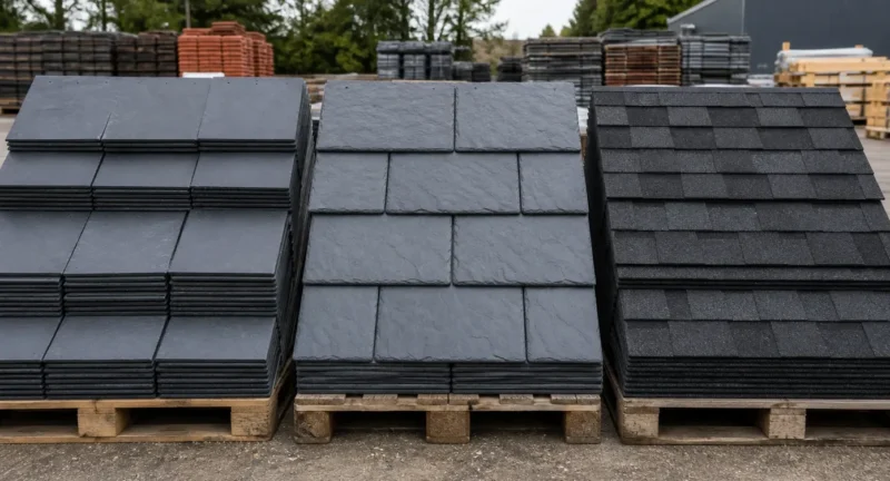 Drie gestapelde pallets met verschillende dakpantypen: natuurleien, kunstleien en bitumineuze shingles ter vergelijking.