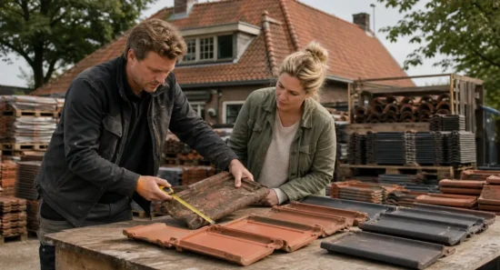 Twee personen onderzoeken en vergelijken verschillende dakpanmodellen op een werkplaats met een huis en stapels dakpannen op