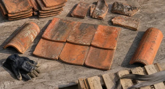 Verweerde gebruikte dakpannen liggen op houten planken naast werkhandschoenen, gebroken exemplaren en losse nokpannen.