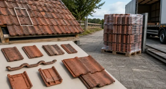 Verschillende dakpannen liggen uitgestald, met op de achtergrond een pallet met dakpannen en een vrachtwagen.